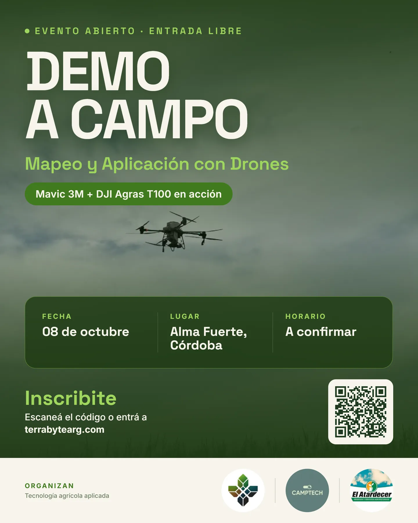 Flyer: Demo a Campo — Mapeo y Aplicación con Drones, 8 de octubre en Alma Fuerte, Córdoba